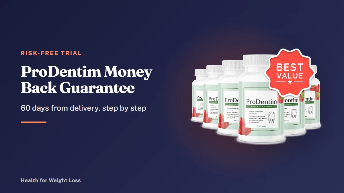 ProDentim money back guarantee: the official 6-bottle ProDentim package beside our 60-day refund steps summary