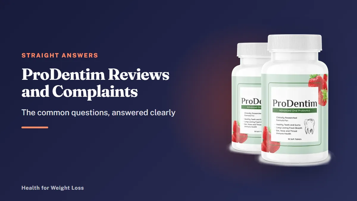 ProDentim reviews and complaints: the official 2-bottle ProDentim package beside a short answers checklist