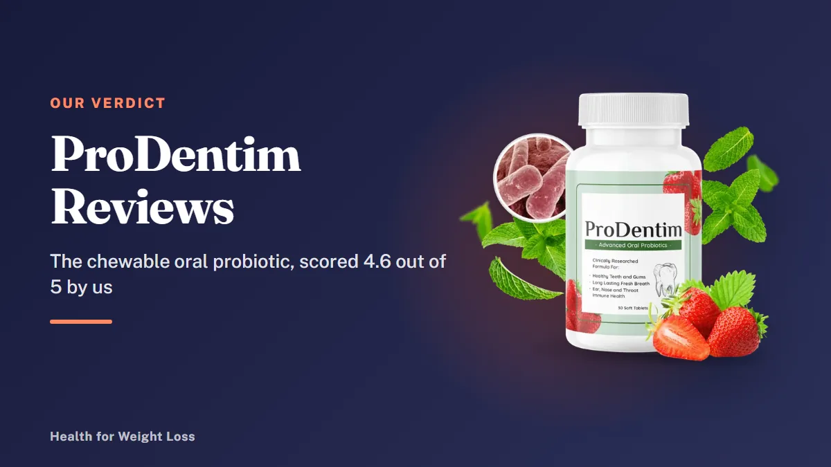 ProDentim reviews: a single ProDentim bottle beside our 4.6 out of 5 editorial verdict for this oral probiotic