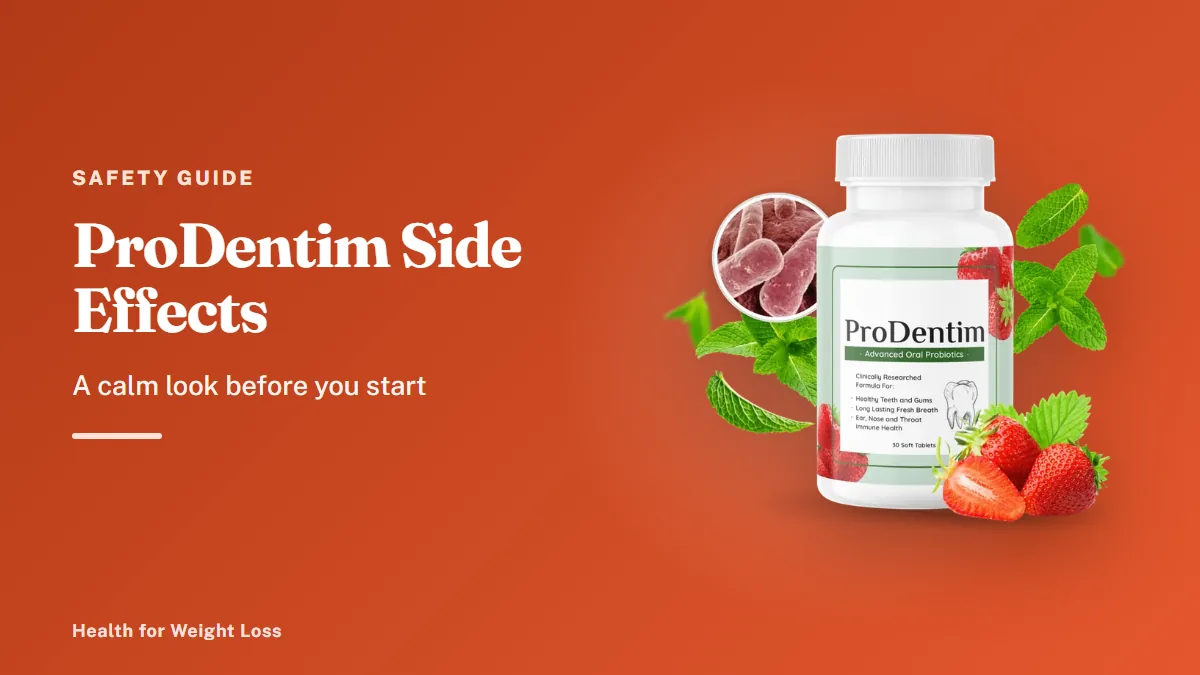 ProDentim side effects guide: a single ProDentim bottle beside our calm safety checklist for new users