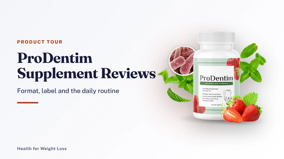 ProDentim supplement reviews: a single ProDentim bottle with its Advanced Oral Probiotics label beside our summary