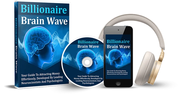 Billionaire Brain Wave mockup from the seller with a phone and headphones. Independent review; the product is a digital audio, the box and disc are illustration only.
