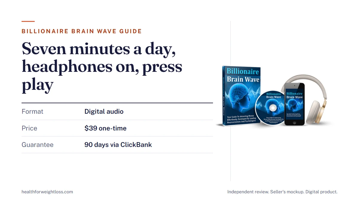 Billionaire Brain Wave buyer guide: the seller's mockup of the digital audio beside key facts on price, bonuses and the 90-day guarantee