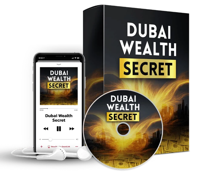 Dubai Wealth Secret mockup from the seller with a phone audio player and earbuds. Digital product: the box and disc are illustration only.