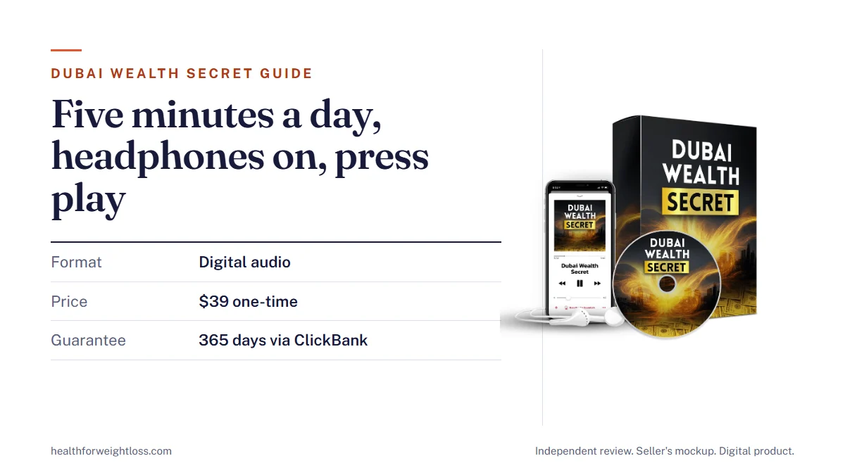 Dubai Wealth Secret buyer guide: the seller's mockup of the digital audio beside key facts on price, bonuses and the 365-day guarantee