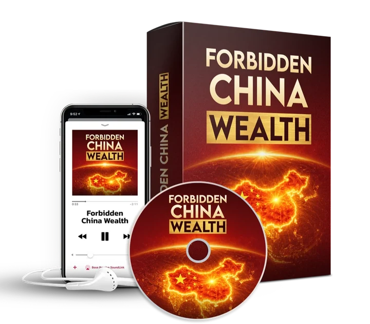 Forbidden China Wealth mockup from the seller with a phone audio player and earbuds. Digital product: the box and disc are illustration only.
