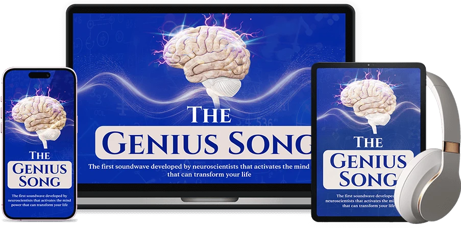 The Genius Song promotional mockup from the seller, shown on a phone, laptop and tablet with headphones. The product itself is a digital audio track.