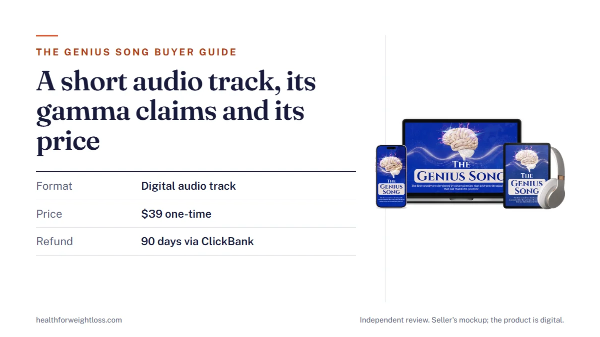 The Genius Song buyer guide: the seller's device mockup of the audio track beside key facts on format, price and refund