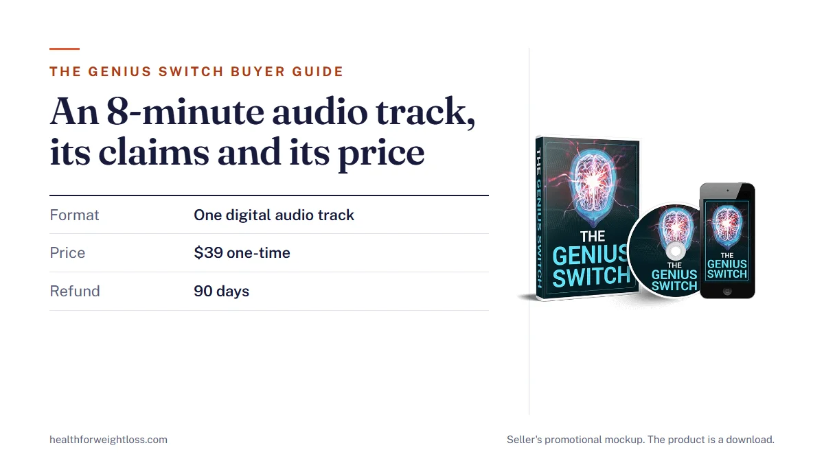 The Genius Switch buyer guide: the seller's promotional mockup of the audio track beside key facts on format, price and refund