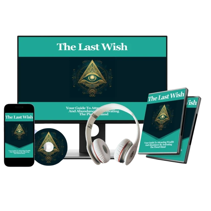 The Last Wish promotional mockup from the seller, shown with a monitor, phone, headphones and disc cases. The product itself is a set of digital audio recordings.