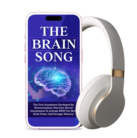 The Brain Song seller mockup of a phone with headphones. The product is a 12-minute digital audio, not a physical item.