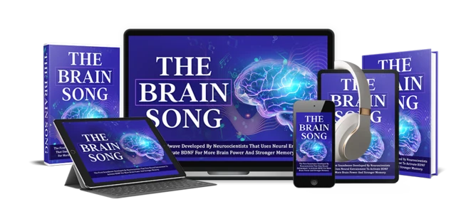 The Brain Song mockup from the seller showing a laptop, tablet, phone and book. The product itself is a 12-minute digital audio.