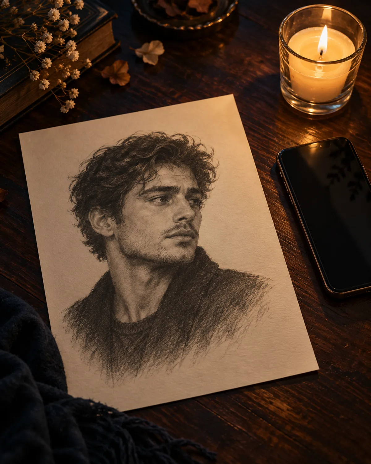 Pencil-style portrait of a fictional face on a wooden desk beside a candle and a phone. Our own illustration, not a Tina Aldea sketch.