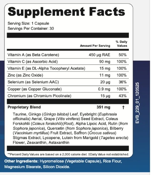 VisiFlora supplement facts label listing the vitamins, minerals and the 351 mg proprietary blend per capsule