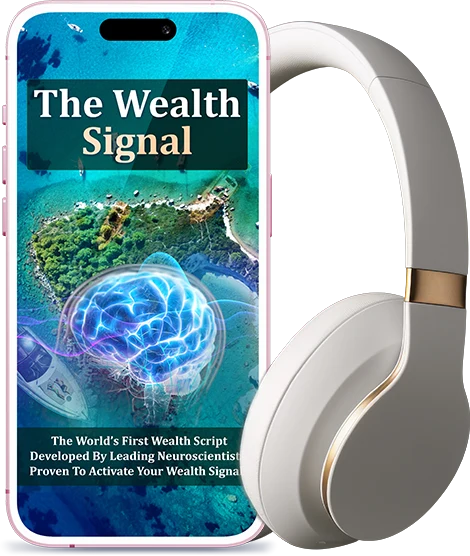 The Wealth Signal mockup from the seller: a phone showing the audio cover and a pair of headphones. Digital product.