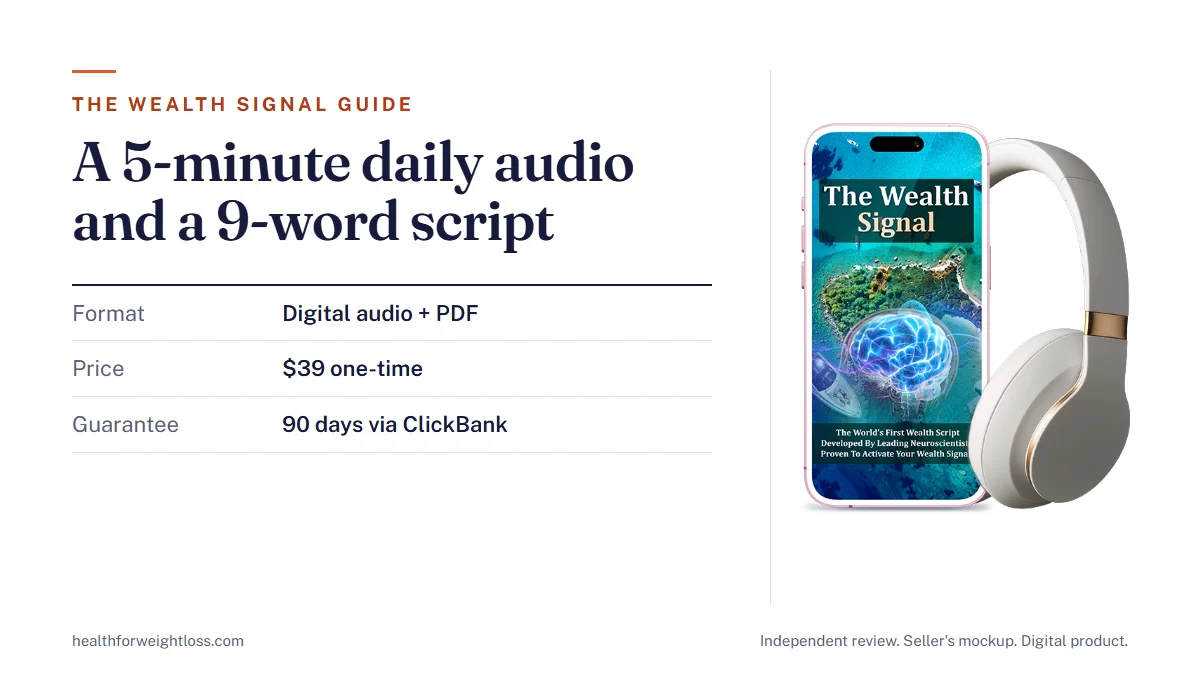 The Wealth Signal buyer guide: the seller's mockup of the audio on a phone with headphones beside key facts on price, delivery and the 90-day guarantee