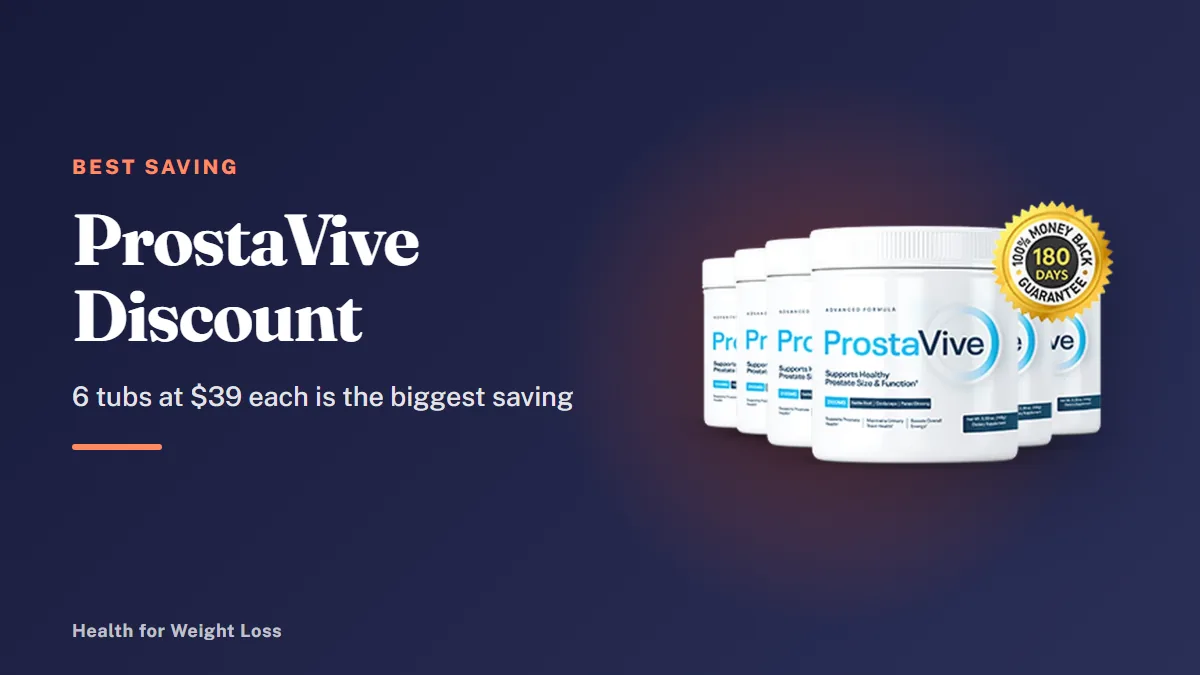 ProstaVive discount: the six-tub ProstaVive package with a 180-days money-back guarantee seal and the $39-a-tub price