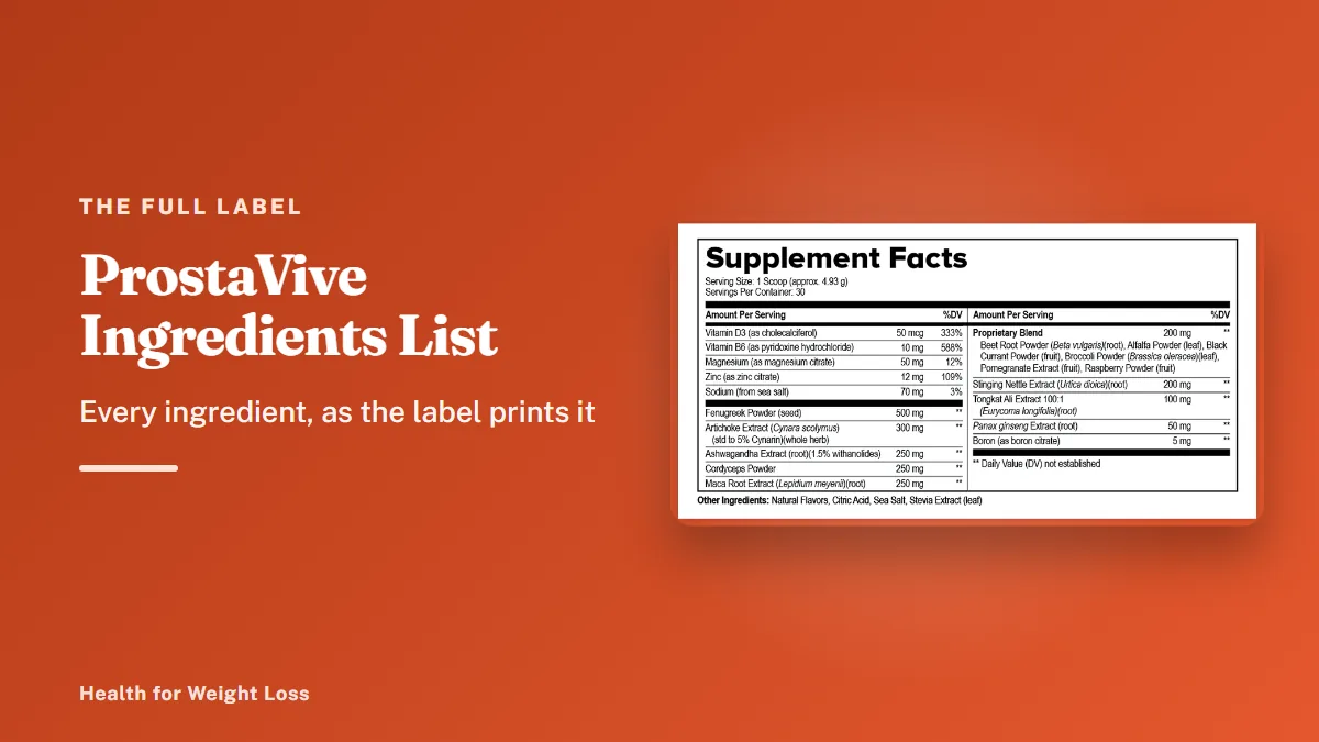 ProstaVive ingredients list: the full Supplement Facts label with every dose per one-scoop serving, 30 servings per container