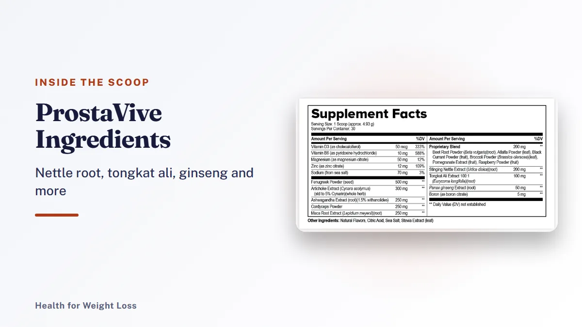 ProstaVive ingredients: the Supplement Facts label listing vitamins, minerals and plant extracts for a one-scoop serving