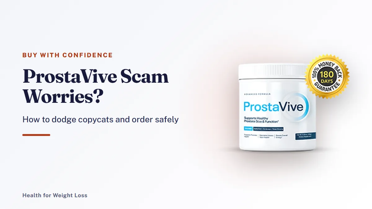 ProstaVive scam check: an authentic ProstaVive tub of drink-mix powder with the 180-day guarantee seal on the label