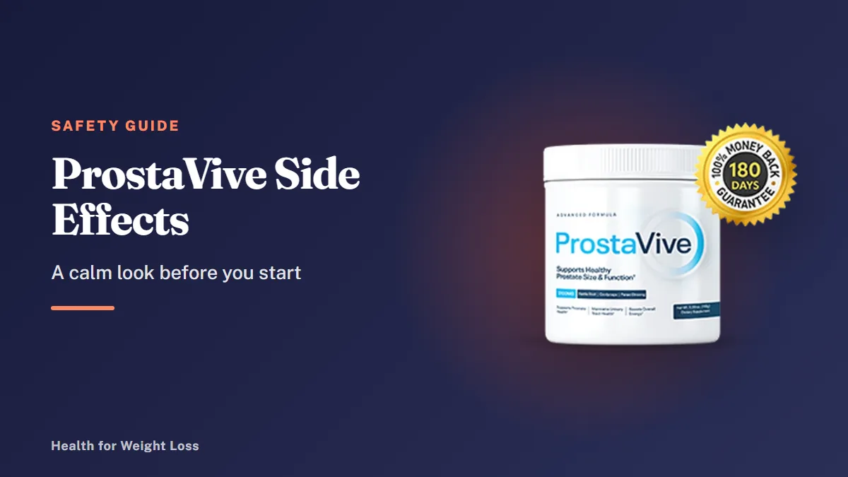 ProstaVive side effects guide: a single ProstaVive tub with a 180-days money-back guarantee seal on a calm dark background