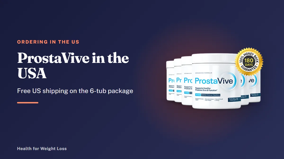 ProstaVive USA delivery guide: the six-tub ProstaVive package with a 180-days money-back guarantee seal on a navy background