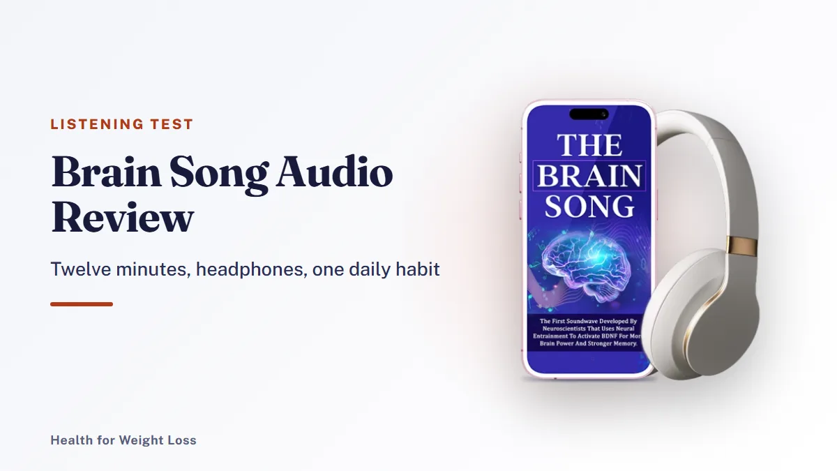 Brain Song audio review: the seller's phone and headphones mockup beside our notes on the 12-minute listening routine
