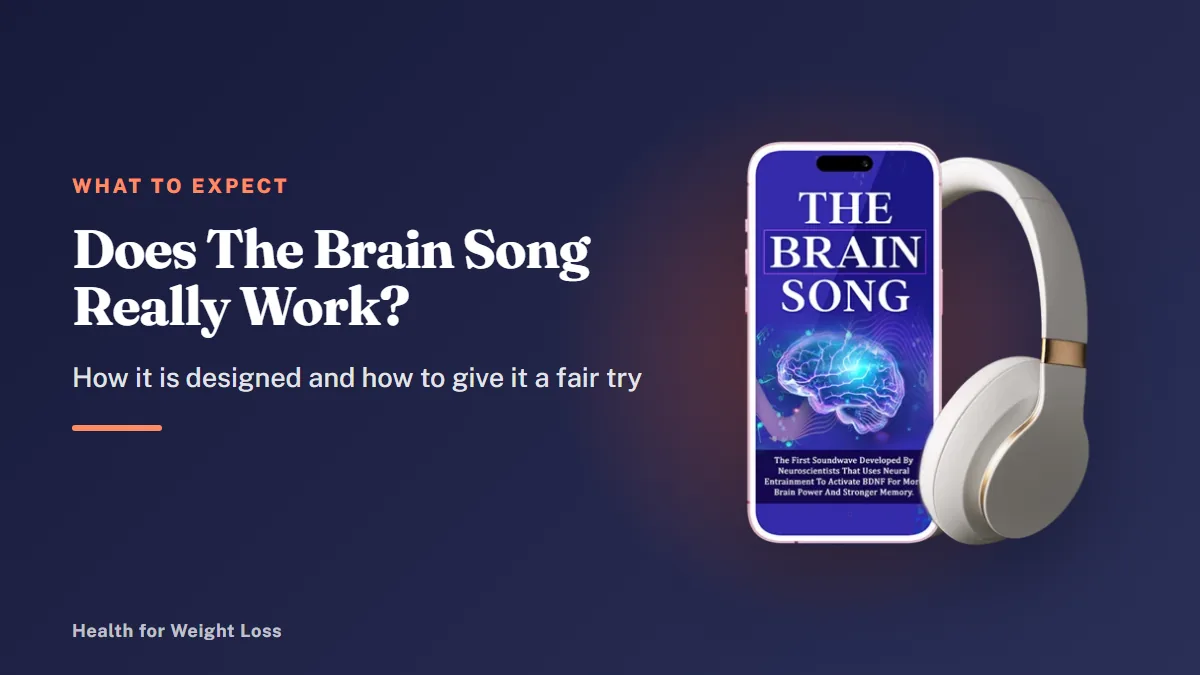 Does The Brain Song really work: the seller's phone and headphones mockup beside our plain-language guide