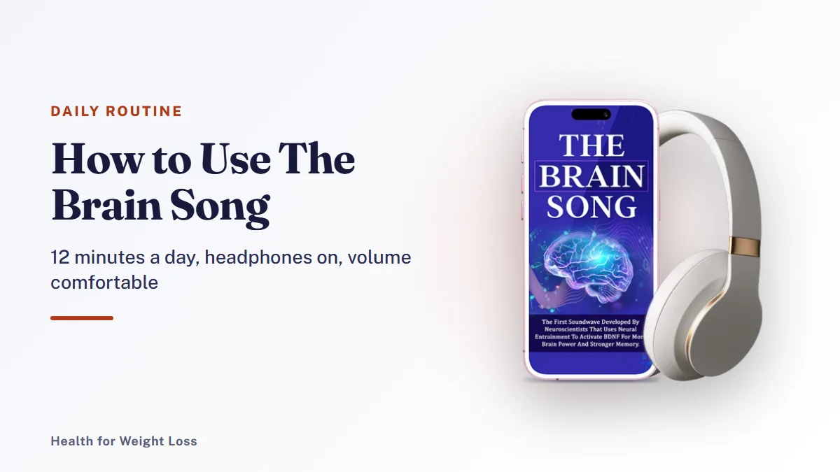 How to use The Brain Song: the seller's phone and headphones mockup beside our simple daily 12-minute routine