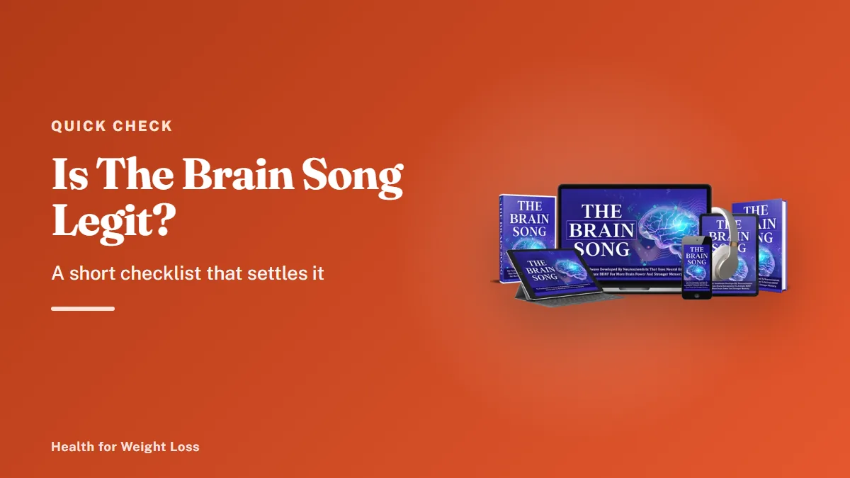 Is The Brain Song legit: the seller's devices mockup beside our checklist of ClickBank checkout, terms and 90-day refund