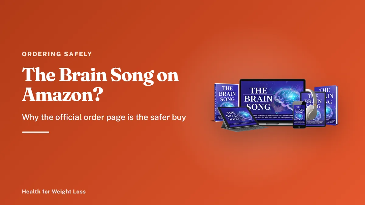 The Brain Song Amazon: the seller's devices mockup beside our guide to the genuine order page and ClickBank checkout