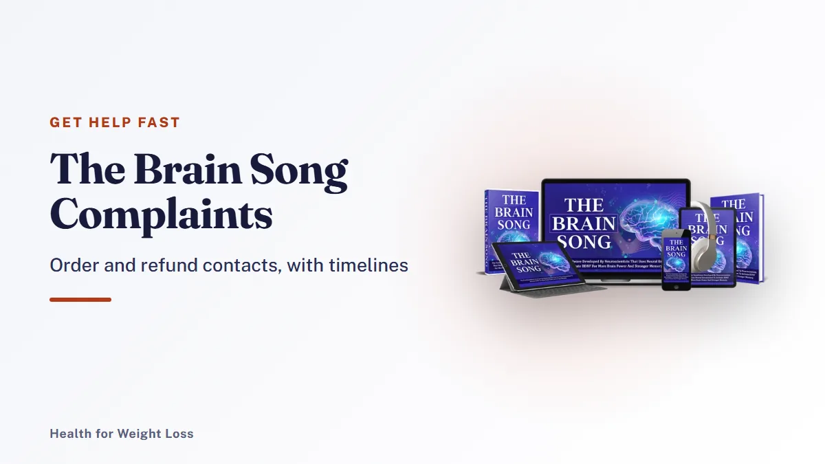 The Brain Song complaints: the seller's devices mockup beside our guide to support contacts, steps and timelines