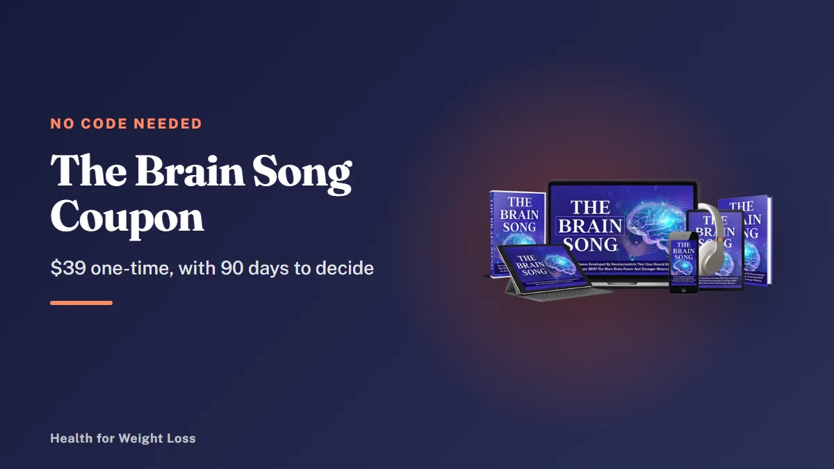 The Brain Song coupon: the seller's devices mockup beside our note that the $39 one-time price needs no code