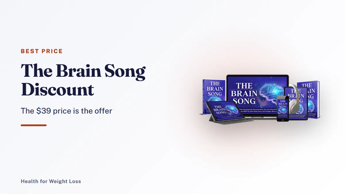 The Brain Song discount: the seller's devices mockup beside our note that the $39 one-time price is the real offer