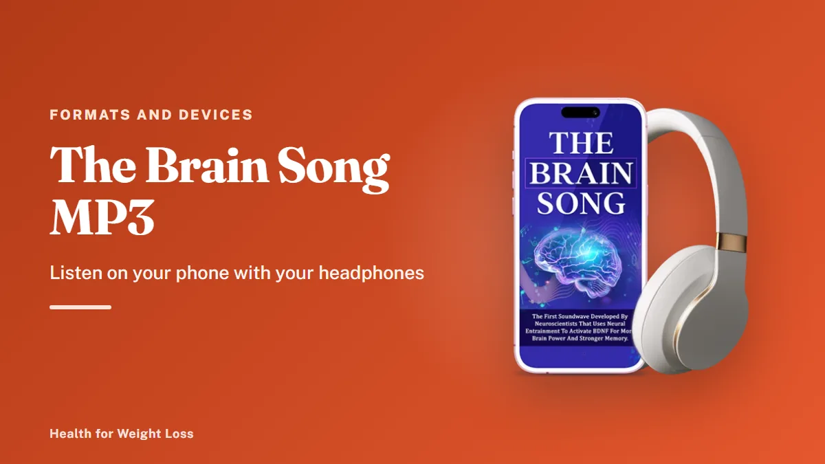The Brain Song MP3: the seller's phone and headphones mockup beside our guide to the 12-minute audio and devices