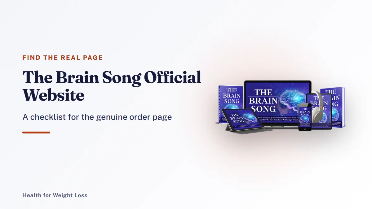 The Brain Song official website: the seller's devices mockup beside our guide to reaching the genuine order page