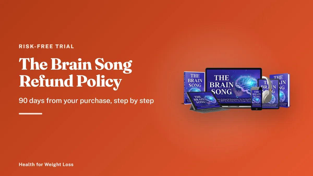 The Brain Song refund policy: the seller's devices mockup beside our step-by-step guide to the 90-day guarantee