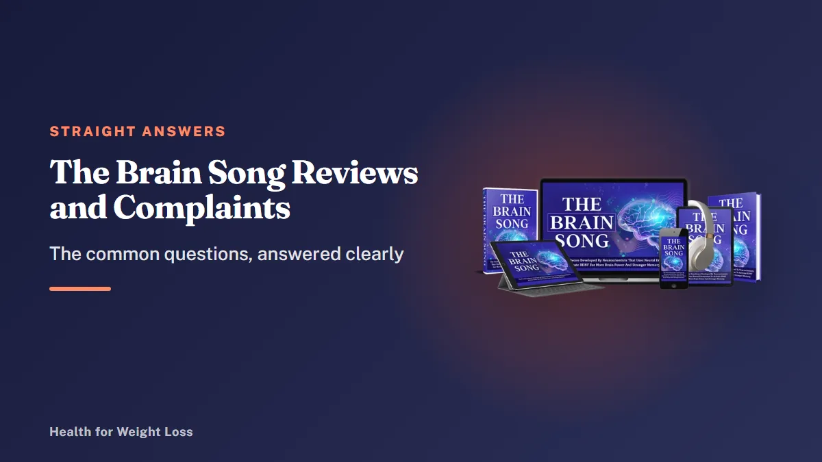 The Brain Song reviews and complaints: the seller's devices mockup beside our common questions and 90-day refund summary
