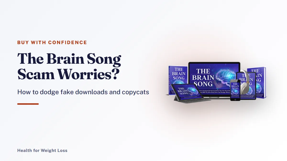 The Brain Song scam: the seller's devices mockup beside our guide to avoiding fake downloads and buying safely