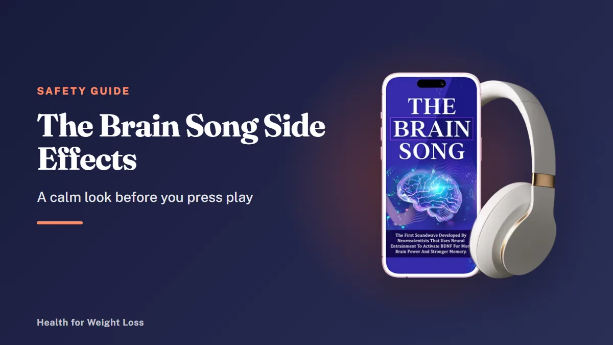 The Brain Song side effects: the seller's phone and headphones mockup beside our calm guide to safe listening habits