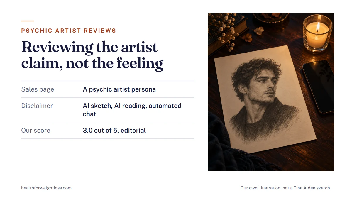 Tina Aldea Soulmate Sketch psychic artist reviews: our own illustration of an invented pencil-style face on a desk