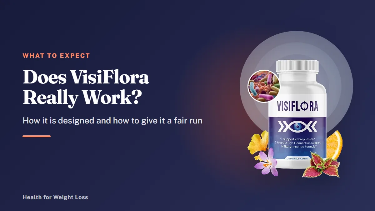 Does VisiFlora really work: one VisiFlora bottle of daily eye comfort capsules photographed with fresh flowers