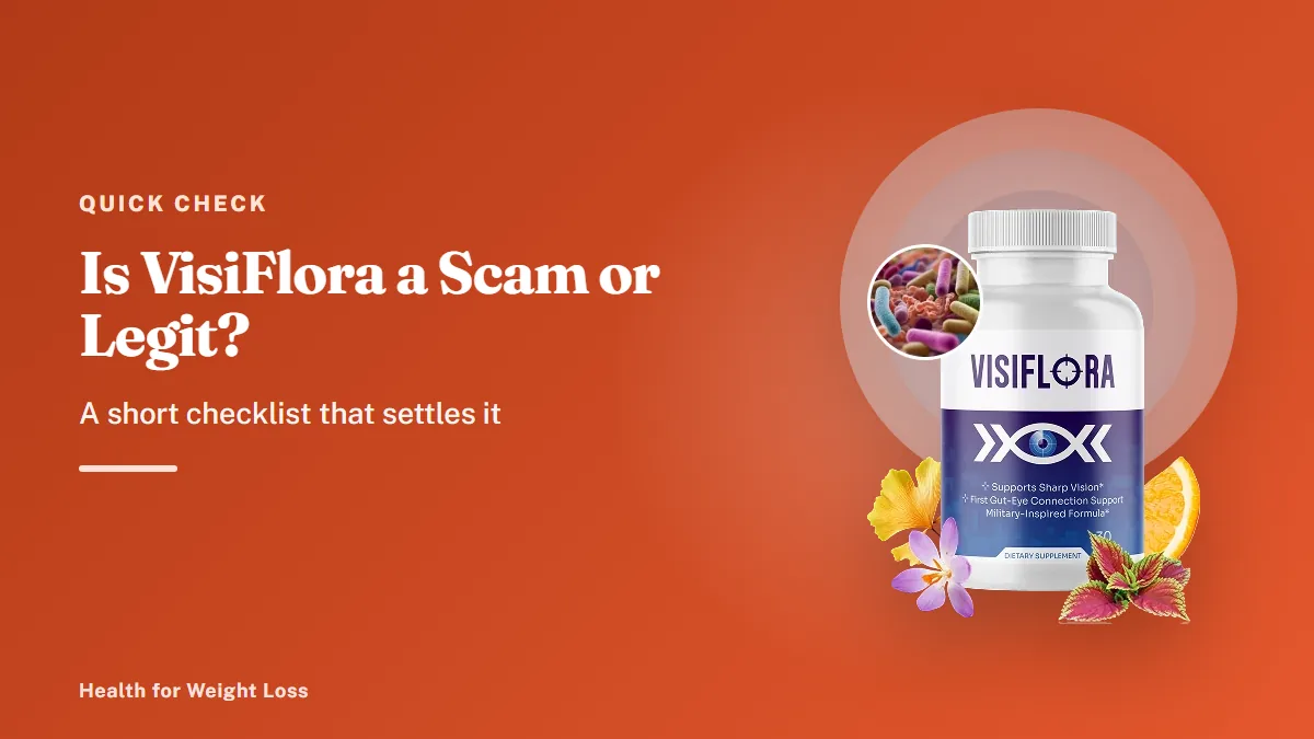 Is VisiFlora a scam or legit: a genuine VisiFlora bottle of eye comfort capsules photographed with fresh flowers