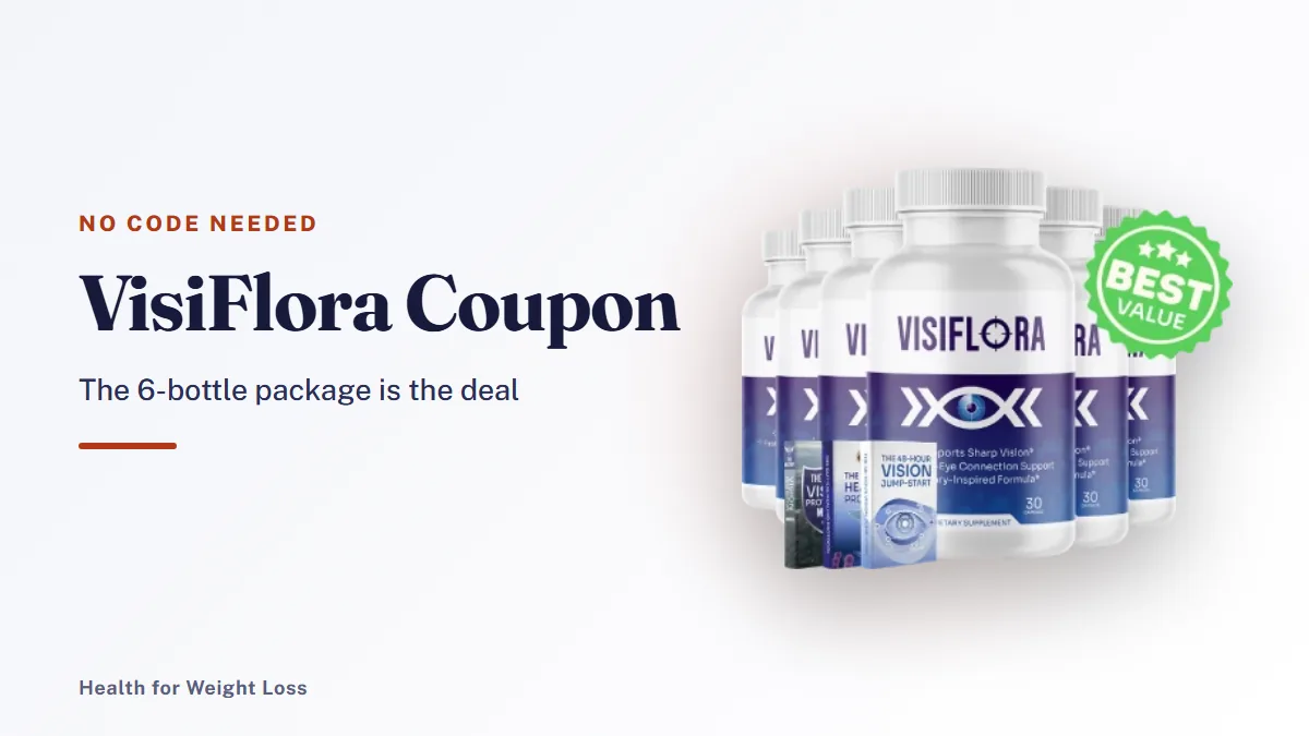 VisiFlora coupon guide: the six-bottle VisiFlora package pictured with its e-books, the best-value offer on the order page