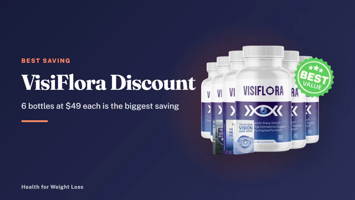 VisiFlora discount guide: the six-bottle VisiFlora package shown with its free e-books and the 60-day guarantee seal