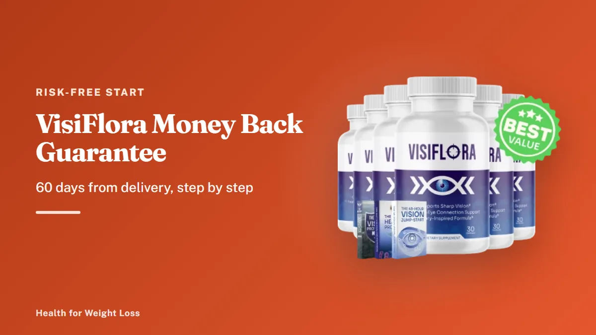 VisiFlora money-back guarantee: the six-bottle VisiFlora package with its e-books, covered by a 60-day refund promise
