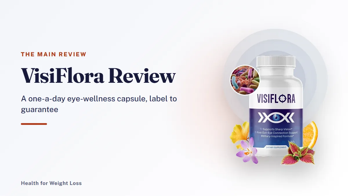 VisiFlora review: a single VisiFlora bottle of daily eye wellness capsules shown with fresh flowers