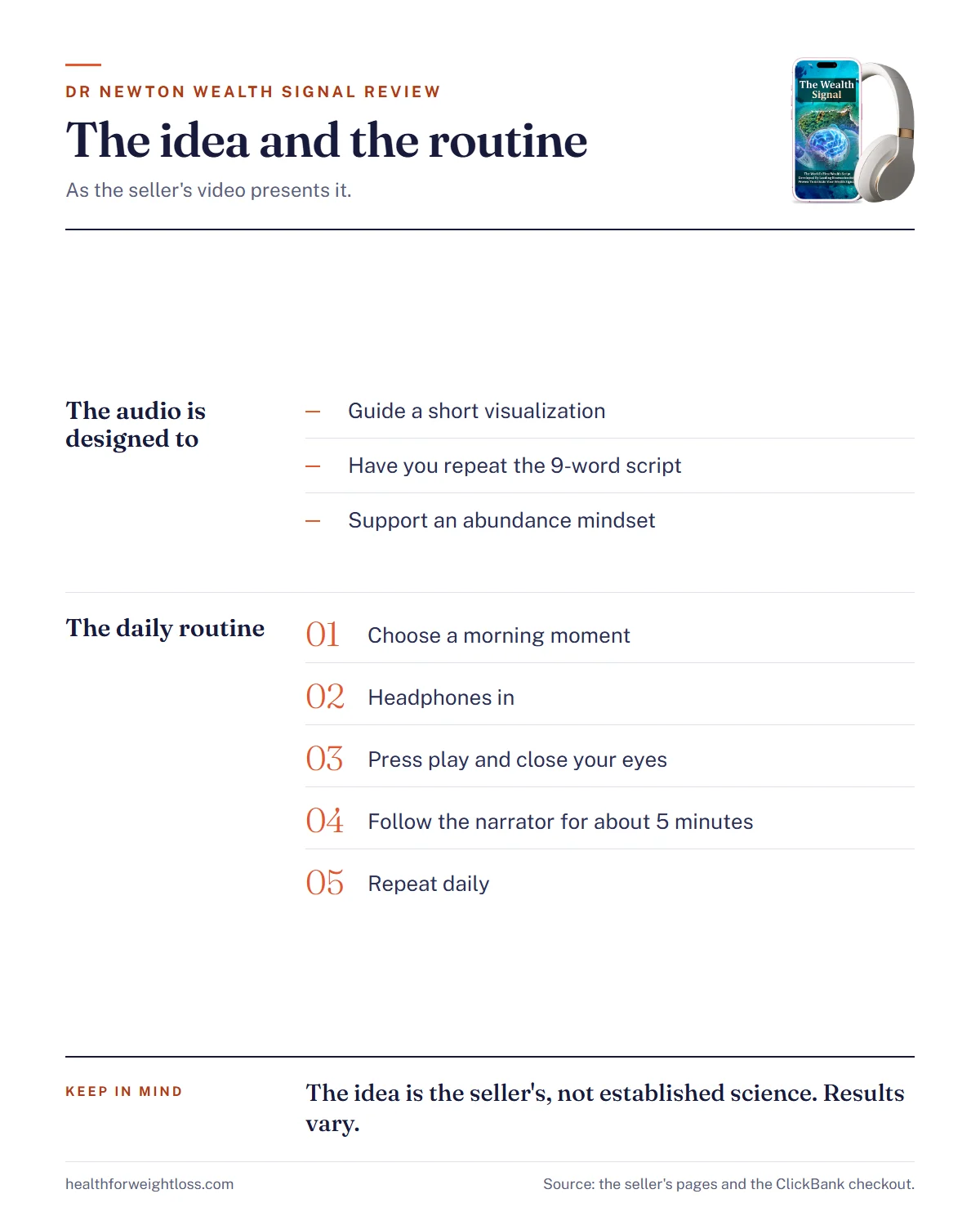 The Wealth Signal and Dr Newton review infographic: the idea the video presents and the five steps of the daily routine