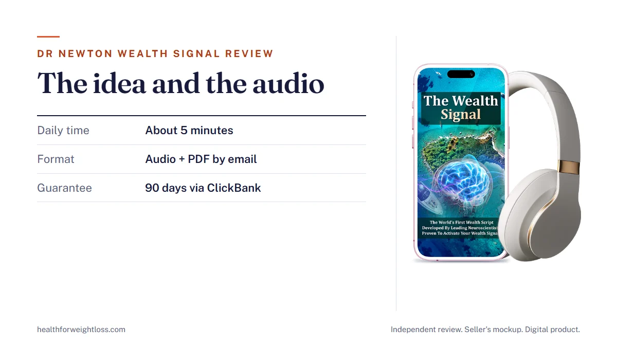 Dr Newton and The Wealth Signal review: the seller's product mockup beside the idea the video presents