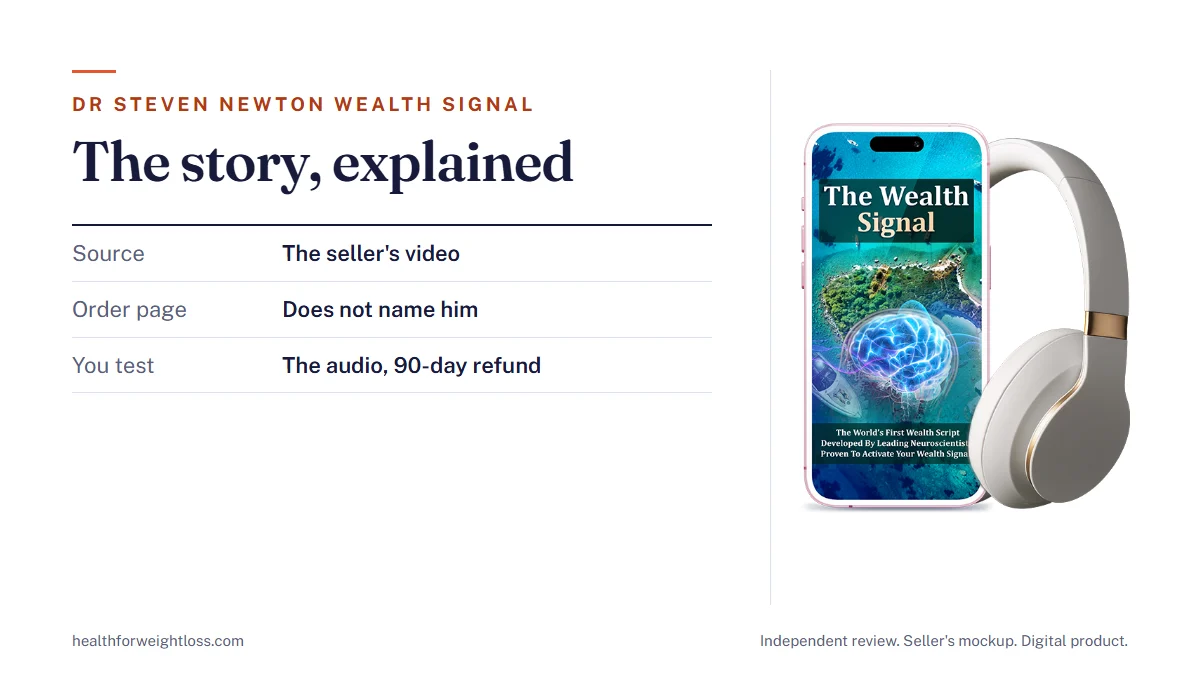 Dr Steven Newton and The Wealth Signal: the seller's product mockup beside the story the video tells